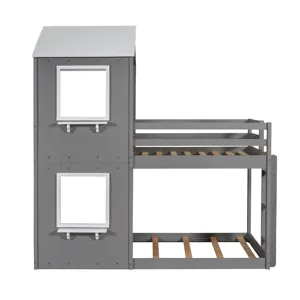 Twin Over Twin Bunk Bed Wood Bed With Roof, Window, Guardrail, Ladder - White