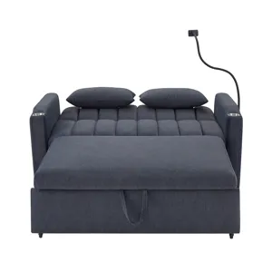 Convertible Sofa Bed Loveseat Sofa With Three USB Ports, Two Side Pockets, Two Cup Holders And 360° 