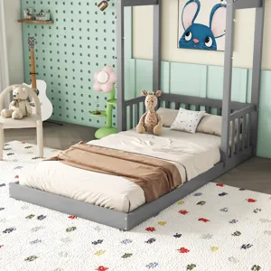 Twin House-Shaped Roof Headboard Floor Bed, (Without Slats) - Gray