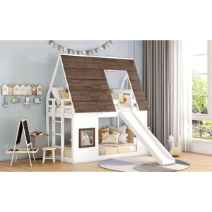 Wood Twin Size House Bunk Bed With Roof, Ladder And Slide - White / Brown