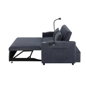 Convertible Sofa Bed Loveseat Sofa With Three USB Ports, Two Side Pockets, Two Cup Holders And 360° 