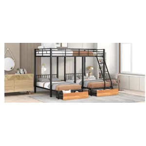 Full Over Twin & Twin Bunk Bed, Metal Triple Bunk Bed With Drawers And Guardrails - Black