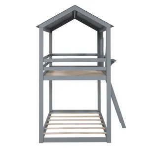 78\" Twin Over Twin Bunk Bed Wood Bed With Roof, Window, Guardrail, Ladder - Gray