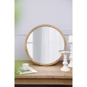 Circle Wall Mirror With Wooden Frame, Wall Mirror For Living Room - Brown