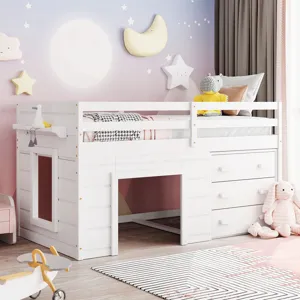 Twin Size Loft Bed With Cabinet And Shelf - White
