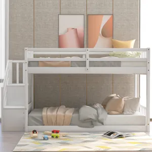Twin Over Twin Floor Bunk Bed, Ladder With Storage - White