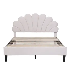 Full Size Upholstered Platform Bed With Flower Pattern Velvet Headboard - Beige