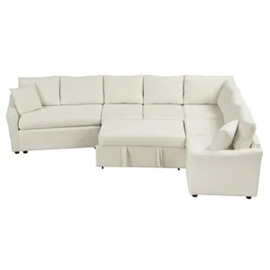 L-Shaped Sofa Convertible Sofa Bed Pull Out Sofa Sleeper With Two Back Pillows, Two USB Ports And Tw