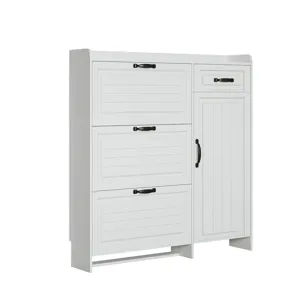 Shoe Cabinet With 4 Doors 1 Drawers, PVC Door With Shape, Large Space For Storage - White