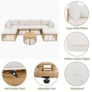 7 Pieces Outdoor Patio Furniture, All-Weather Rattan Sectional Sofa Set With Thick Cushions And Pill
