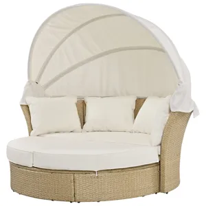 Outdoor Patio Daybed Wicker Rattan Double Daybed Round Sofa Furniture Set With Retractable Canopy, 4