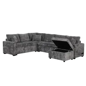 Sectional Sofa Pull-Out Sofa Bed Sleeper With A Storage Ottoman, Three Pillows And Charging Devices 
