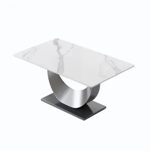 63\" Modern Artificial Stone Crescent-Shaped Metal Legs, Can Accommodate 6-8 People - White / Black