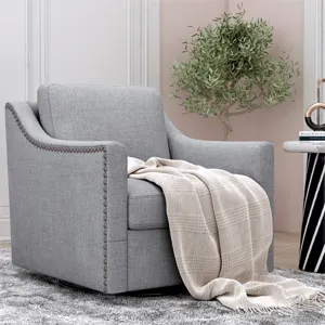 360 Degree Swivel Armchair Cotton Linen Skin-Friendly Fabric Ergonomic Design Brass Nail Decorative 