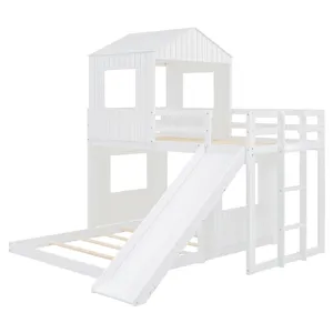 Wooden Twin Over Full Bunk Bed, Loft Bed With Playhouse, Farmhouse, Ladder, Slide And Guardrails - W