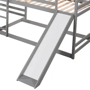 Full And Twin Size L-Shaped Bunk Bed With Slide And Short Ladder - Gray
