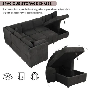 U-Shaped Sectional Sofa Pull Out Sofa Bed With Two USB Ports, Two Power Sockets, Three Back Pillows 