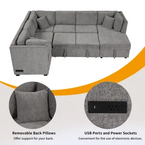 U-Shaped Sectional Sofa Pull Out Sofa Bed With Two USB Ports, Two Power Sockets, Three Back Pillows 