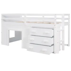 Twin Size Loft Bed With Cabinet And Shelf - White