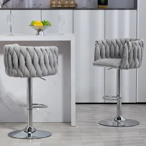 360 Degree Swivel Bar Stools Adjustable Counter Height Bar Chairs With Woven Back & Footrest, Silver
