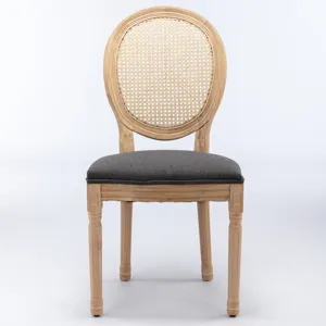French Style Solid Wood Frame Antique Painting Linen Fabric Rattan Back Dining Chair (Set of 2) - Gr