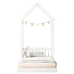 Twin House-Shaped Roof Headboard Floor Bed, (Without Slats) - White