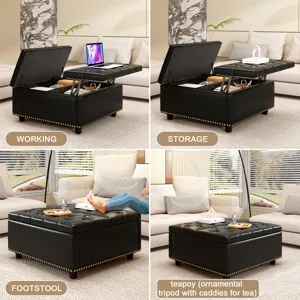 Large Square Storage Stool With Two Storage Doors, Footstool For Living Room Studded Mid-Century Mod