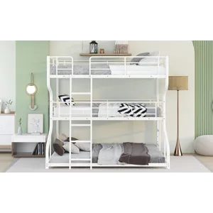 Full Long Over Twin Long Over Queen Size Triple Bunk Bed With Long And Short Ladder - White