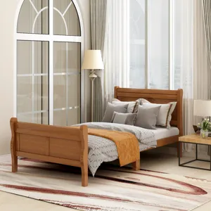 Twin Platform Bed Frame Mattress Foundation Sleigh Bed With Headboard / Footboard / Wood Slat Support - Oak