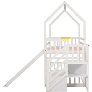 Twin Over Twin House Bunk Bed With Convertible Slide, Storage Staircase - White
