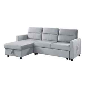 Ruby - Velvet Reversible Sleeper Sectional Sofa With Storage Chaise And Side Pocket - Light Gray
