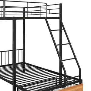 Full Over Twin & Twin Bunk Bed, Metal Triple Bunk Bed With Drawers And Guardrails - Black
