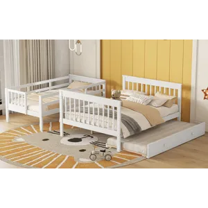 Twin Over Full Bunk Bed With Twin Size Trundle, Storage And Guard Rail For Bedroom, Dorm, For Adults