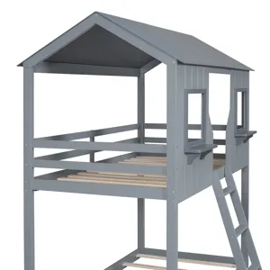 78\" Twin Over Twin Bunk Bed Wood Bed With Roof, Window, Guardrail, Ladder - Gray