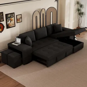Modern L-Shape 3 Seat Reversible Sectional Couch, Pull Out Sleeper Sofa With Storage Chaise And 2 St