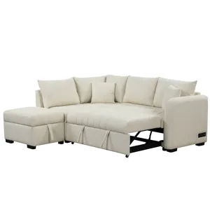 L-Shaped Sectional Pull Out Sofa Bed Sleeper Sofa With Two USB Ports, Two Power Sockets And A Movabl