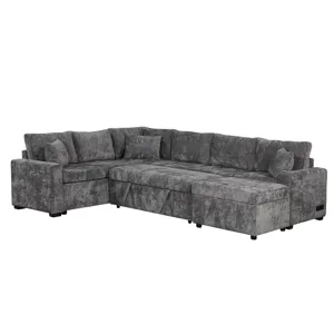 Sectional Sofa Pull-Out Sofa Bed Sleeper With A Storage Ottoman, Three Pillows And Charging Devices 
