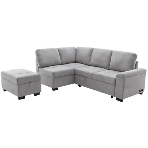 Sleeper Sectional Sofa, L-Shape Corner Couch Sofa - Bed With Storage Ottoman & Hidden Arm Storage & 