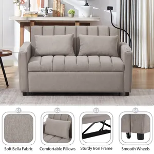 Convertible Sofa Bed Loveseat Sofa With Three USB Ports, Two Side Pockets, Two Cup Holders And 360° 