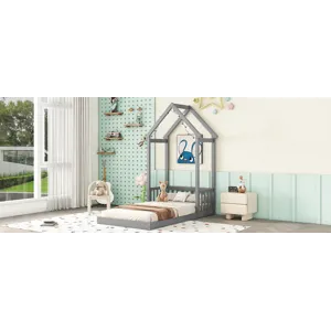 Twin House-Shaped Roof Headboard Floor Bed, (Without Slats) - Gray