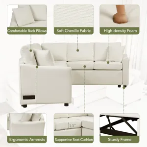 L-Shaped Sofa Convertible Sofa Bed Pull Out Sofa Sleeper With Two Back Pillows, Two USB Ports And Tw