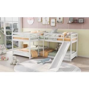 Full And Twin Size L-Shaped Bunk Bed With Slide And Short Ladder - White