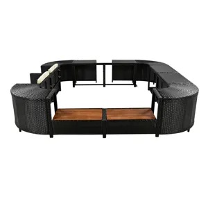 Spa Surround Spa Frame Quadrilateral Outdoor Rattan Sectional Sofa Set With Mini Sofa, Wooden Seats 
