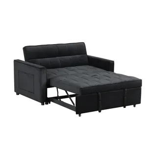 Maeve - 53.5\"W Black Velvet Convertible Sleeper Loveseat With Tufting and Side Pocket