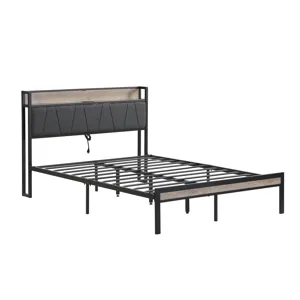 Queen Size Metal Platform Bed Frame With Upholsteryolstery Storage Function Headboard And USB Liner 