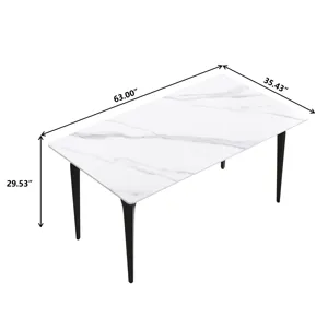 63\" Modern Artificial Stone White Straight Edge Black Metal Leg Dining Table, 6 People - White / Bl