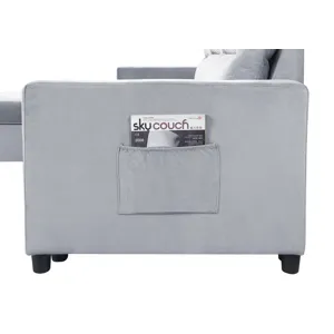 Ruby - Velvet Reversible Sleeper Sectional Sofa With Storage Chaise And Side Pocket - Light Gray