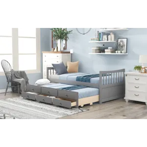 Twin Size Daybed With Trundle And Drawers - Gray