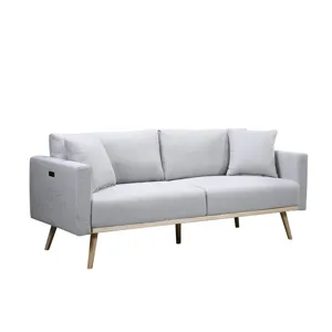 Easton - Linen Fabric Sofa With USB Charging Ports Pockets And Pillows - Light Gray