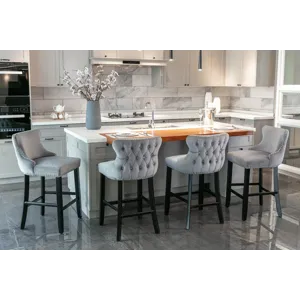 Contemporary Velvet Upholstered Wing-Back Barstools With Button Tufted Decoration And Wooden Legs, A